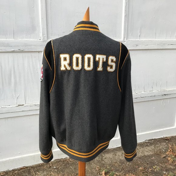Roots 73 Grey Wool Blend Varsity Spellout Logo Jacket Vintage Embroidered Crest - Picture 2 of 14